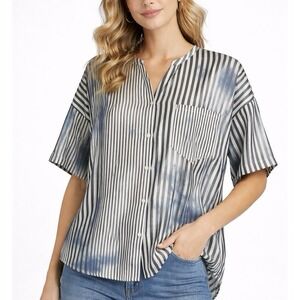 Second Sight Striped Cotton Button Front Short Sleeve Shirt Women Size 6 Blue